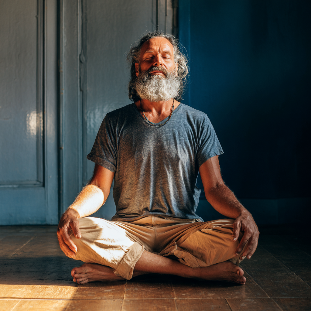 A middle-aged man practicing hatha yoga