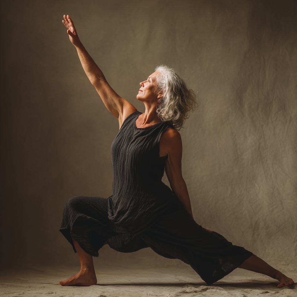 An older woman performs vinyasa flow