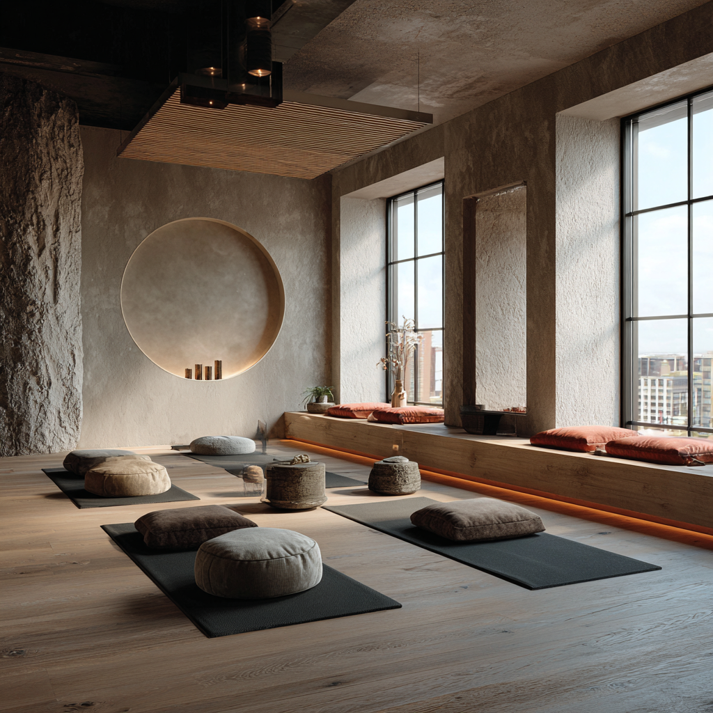 Interior of a yoga studio with people of different ages during a class