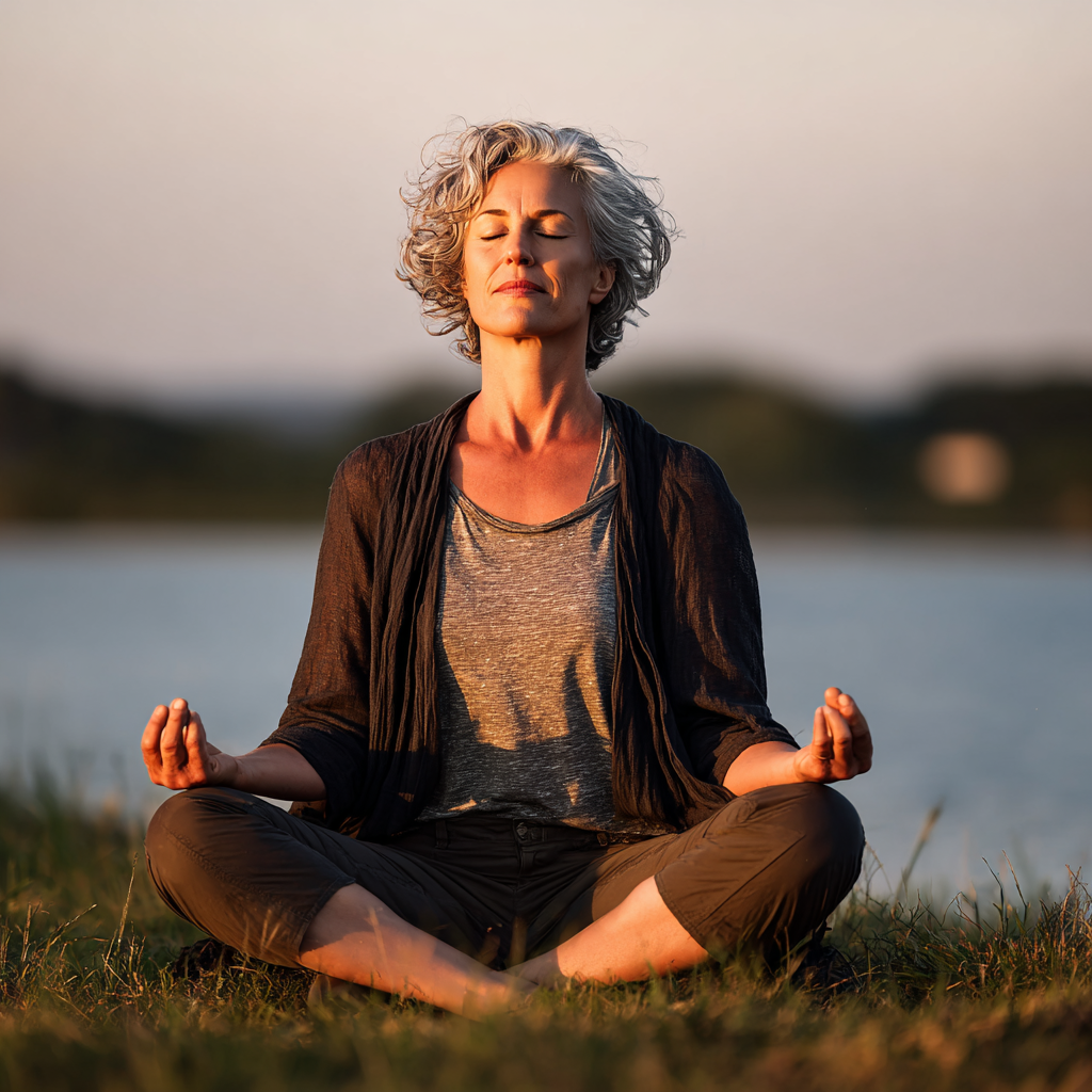 Middle-aged woman in lotus position in nature